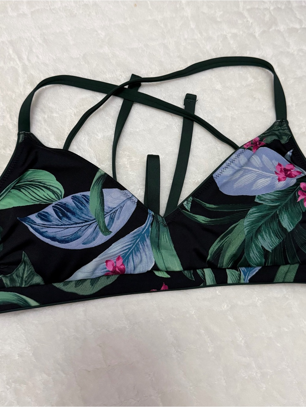 Kona Sol Black Tropical Leaf Strappy Bikini Top with Green Accents